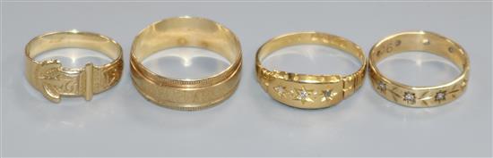 An 18ct gold and diamond ring and three 9ct gold rings.